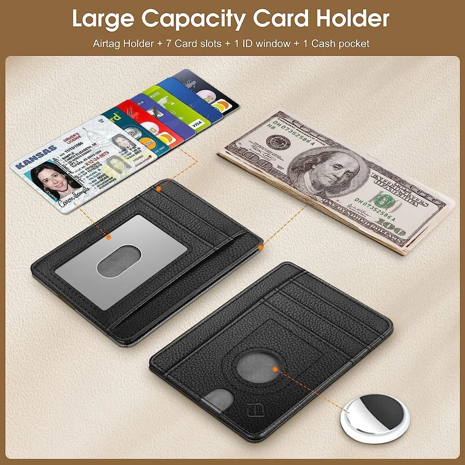 7 Slots Leather Wallet with Airtag Holder, RFID Blocking Cash Credit Card Wallet