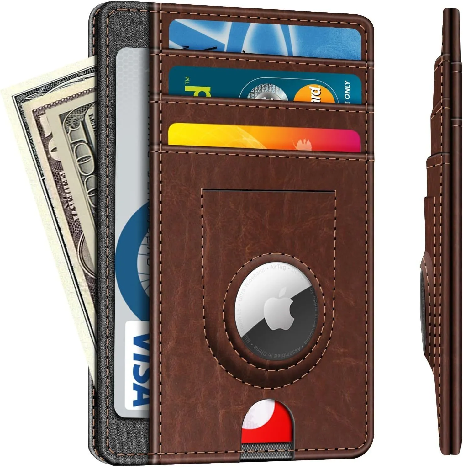 7 Slots Leather Wallet with Airtag Holder, RFID Blocking Cash Credit Card Wallet