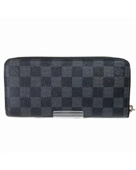 Authentic Black Leather Long Wallet with Damier Graphite Pattern