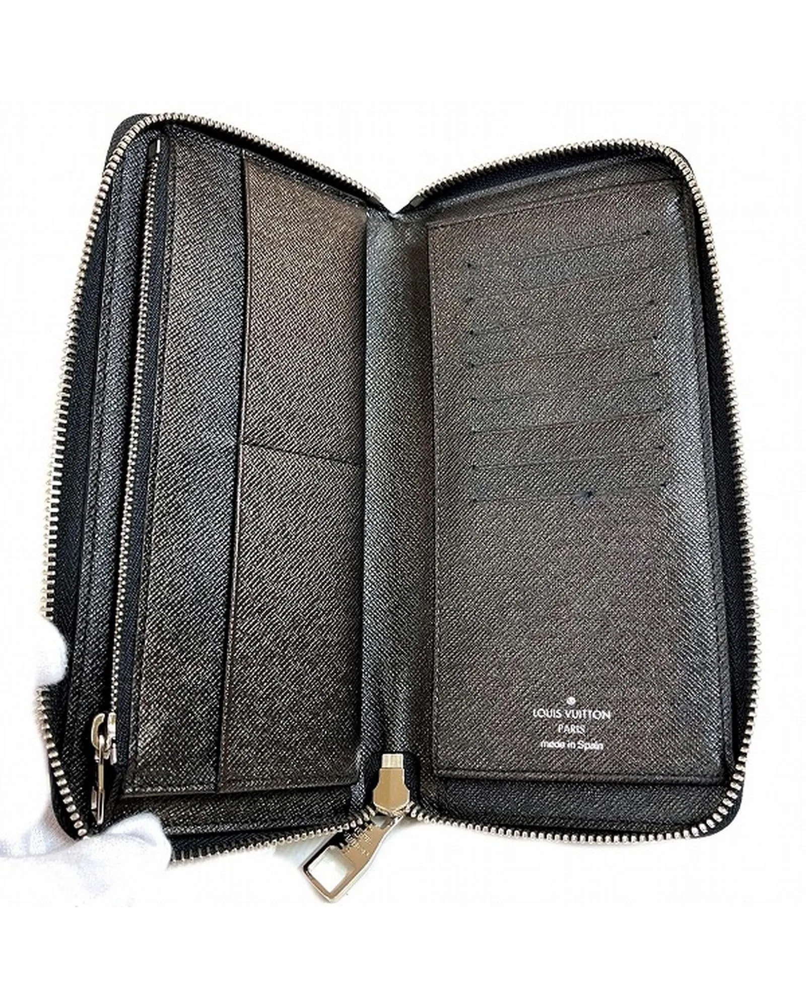 Authentic Black Leather Long Wallet with Damier Graphite Pattern