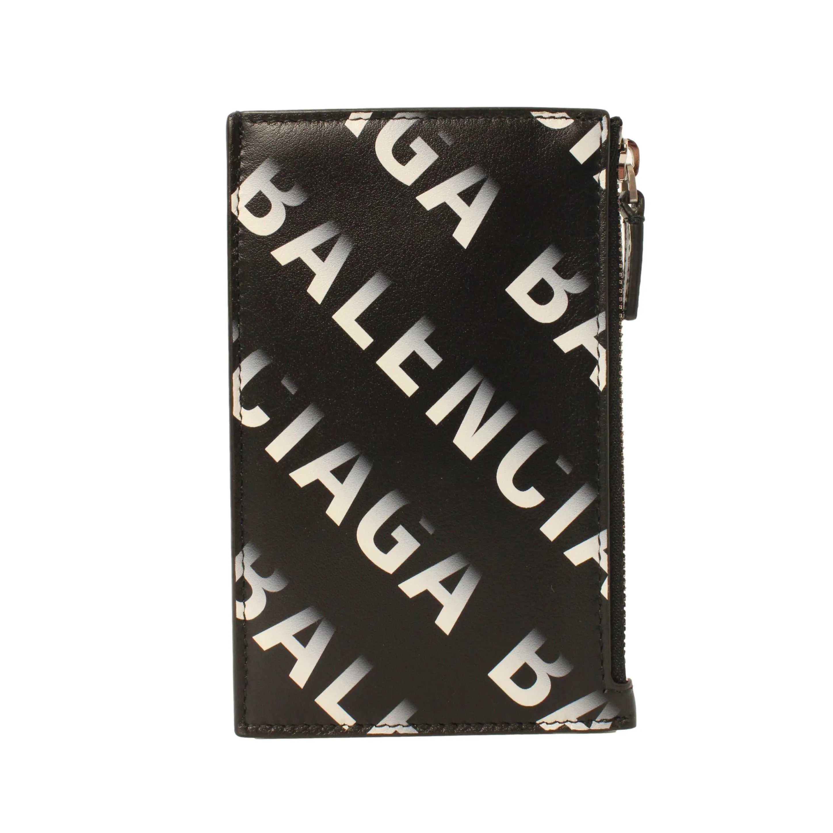 Balenciaga Black Leather Gradient Logo Small Zip Card Wallet