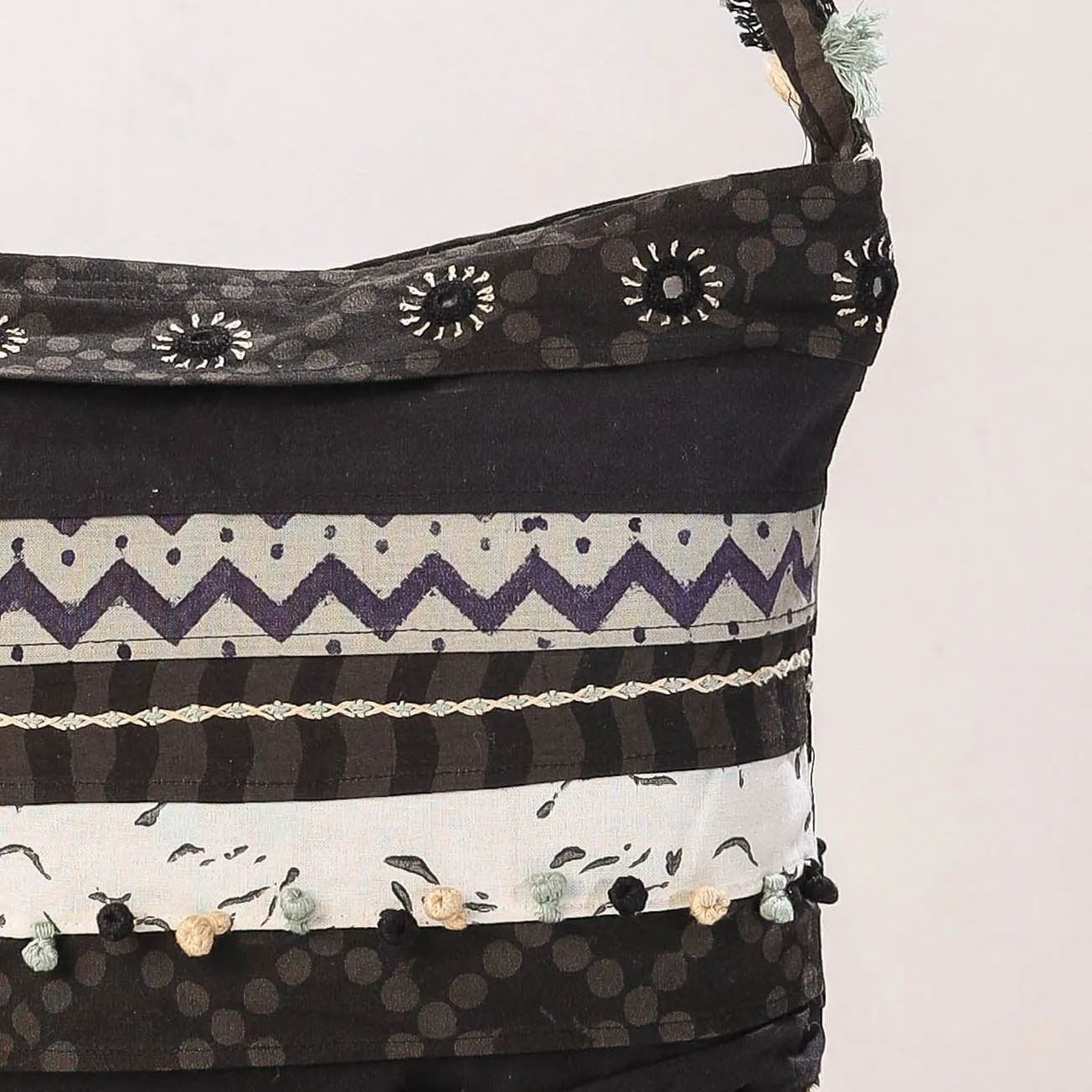 Black - Lambani Mirror Work Hand Embroidery Cotton Shoulder Bag with Tassels