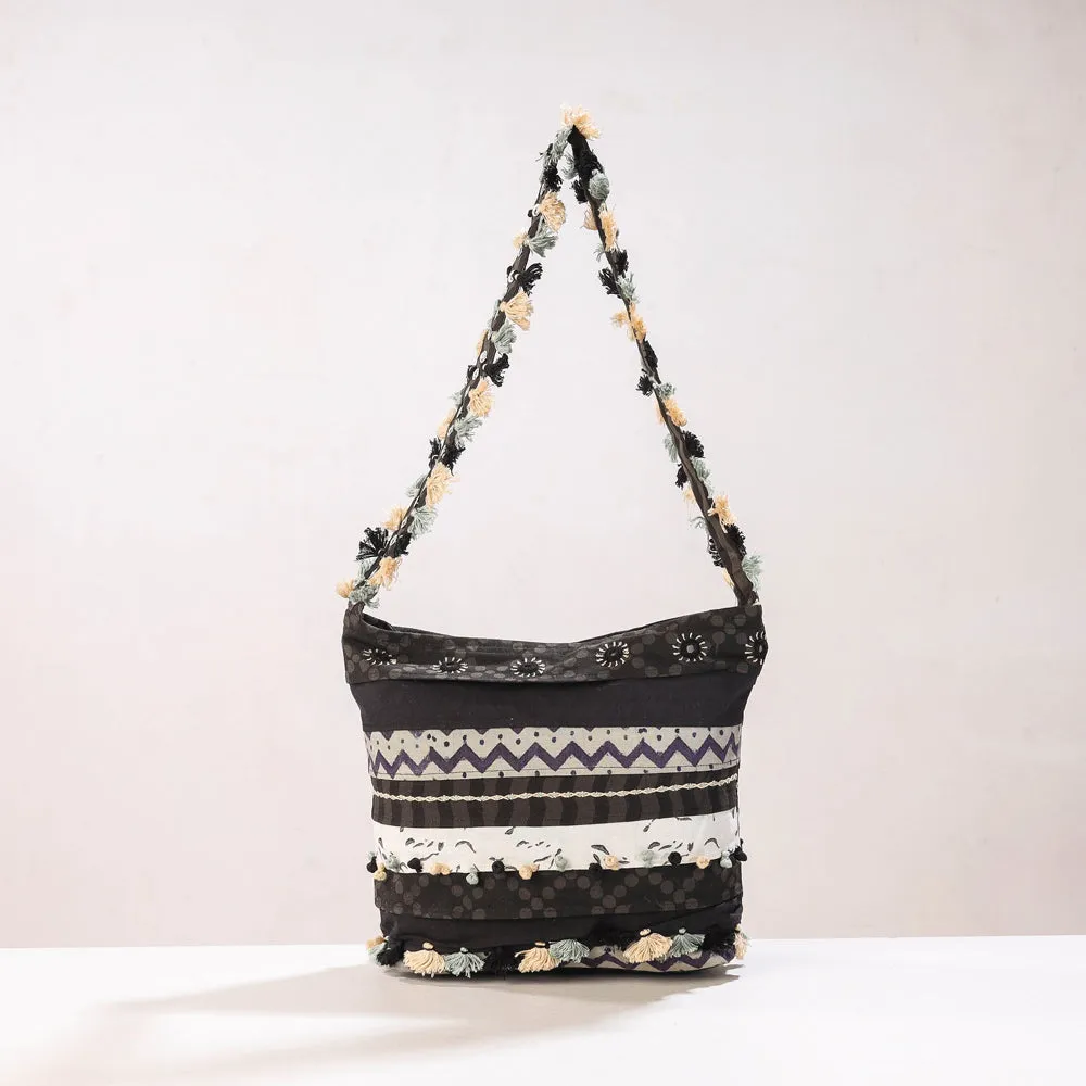 Black - Lambani Mirror Work Hand Embroidery Cotton Shoulder Bag with Tassels