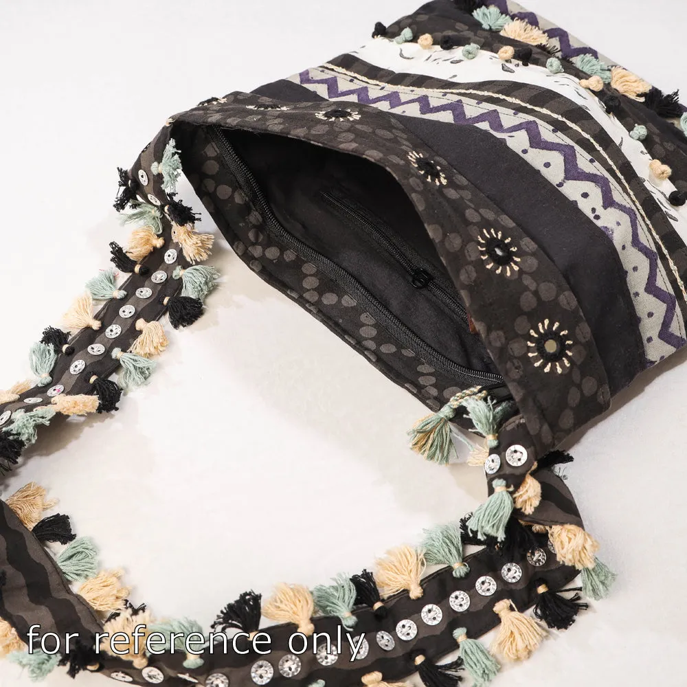 Black - Lambani Mirror Work Hand Embroidery Cotton Shoulder Bag with Tassels