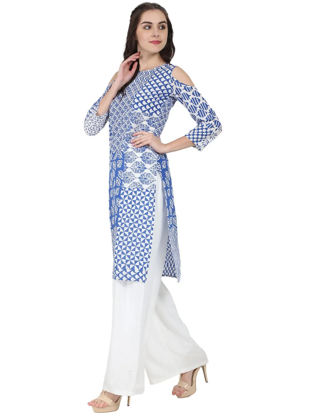 Blue Printed 3/4Th Sleeve Cold Shoulder Cotton Kurta