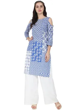 Blue Printed 3/4Th Sleeve Cold Shoulder Cotton Kurta