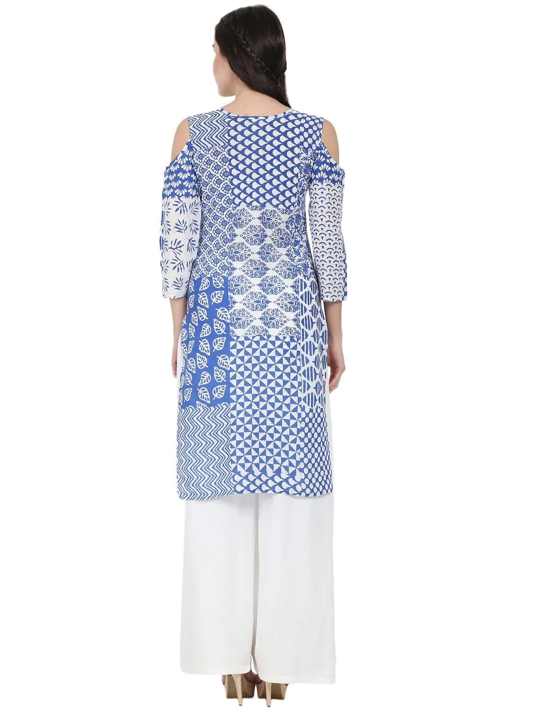 Blue Printed 3/4Th Sleeve Cold Shoulder Cotton Kurta