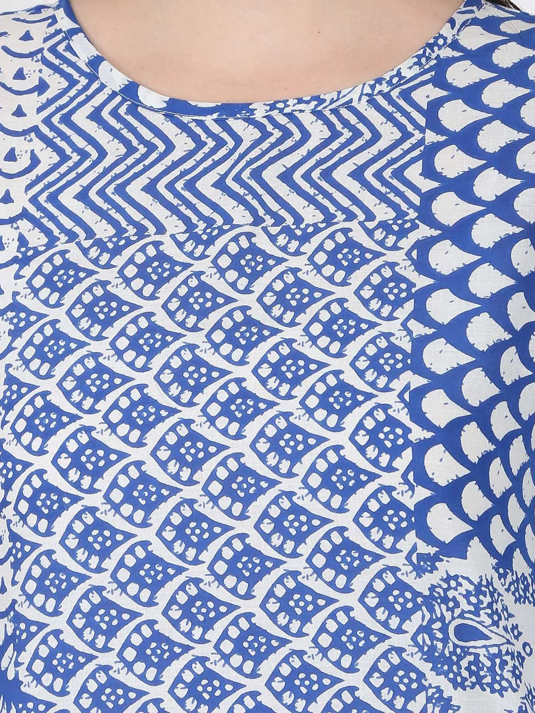 Blue Printed 3/4Th Sleeve Cold Shoulder Cotton Kurta