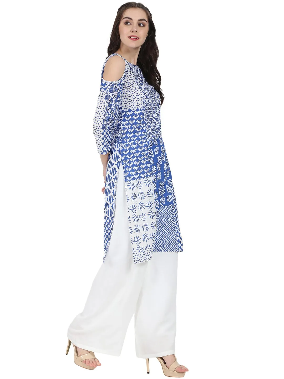 Blue Printed 3/4Th Sleeve Cold Shoulder Cotton Kurta