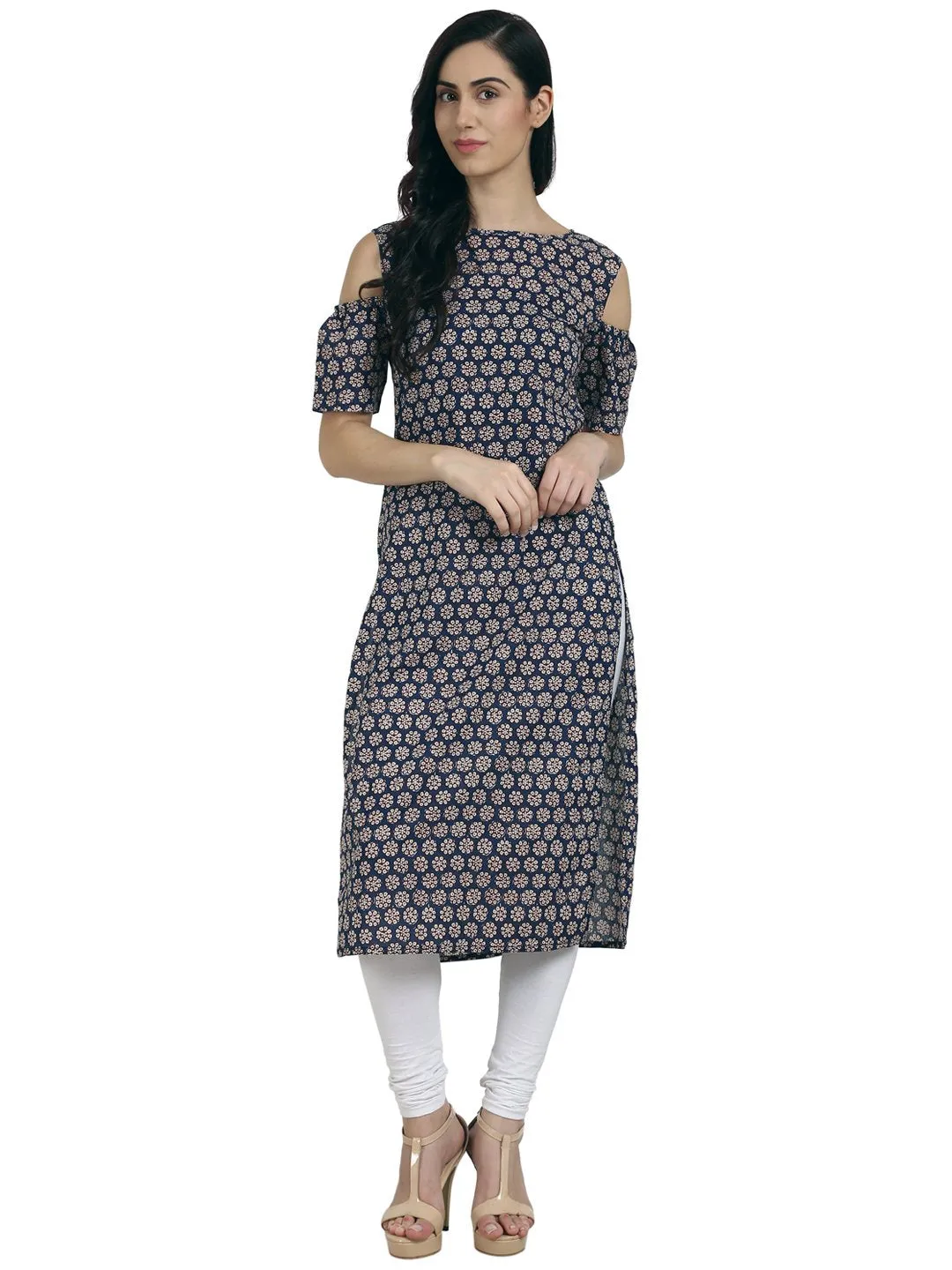 Blue Printed Cold Shoulder Half Sleeve Cotton Kurta