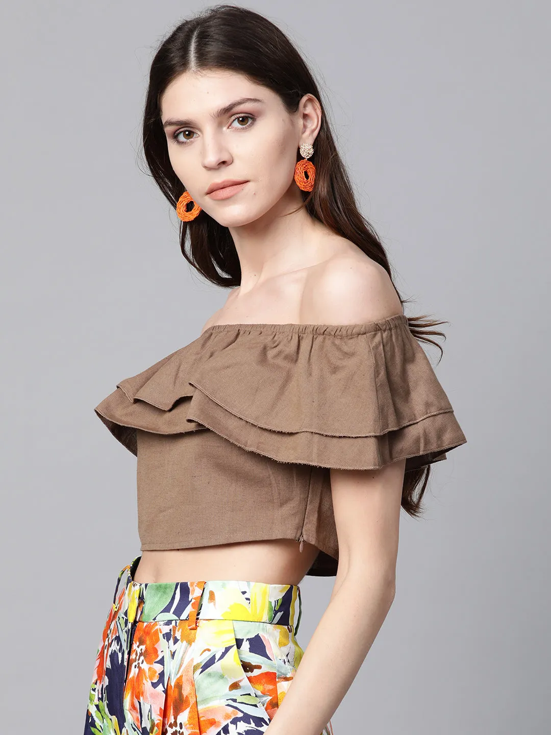 Brown Off Shoulder Layer Crop Top