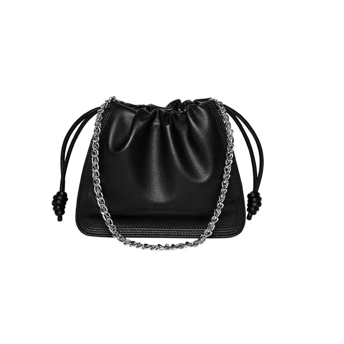 Chain Strap Drawstring Leather Bucket Bag