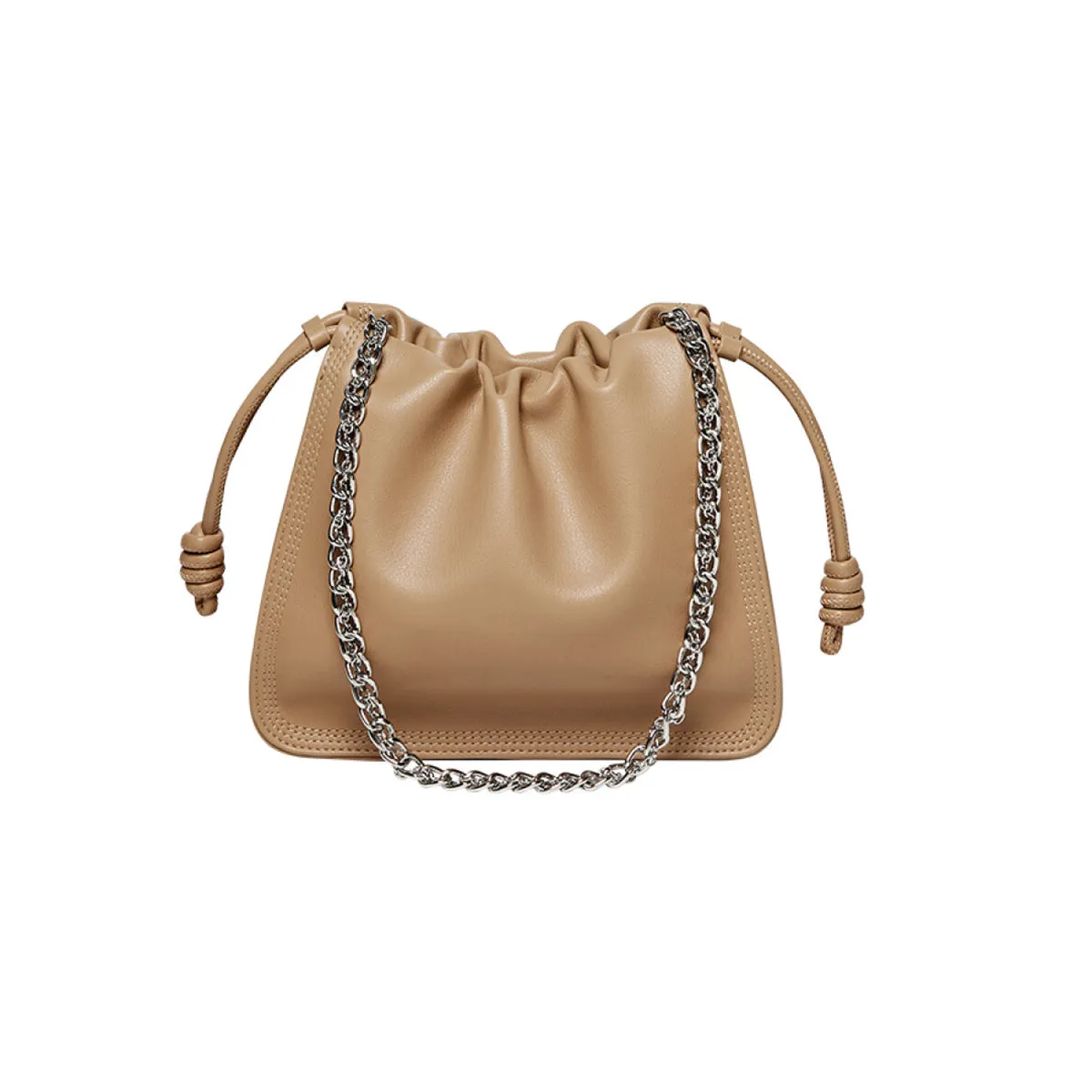 Chain Strap Drawstring Leather Bucket Bag