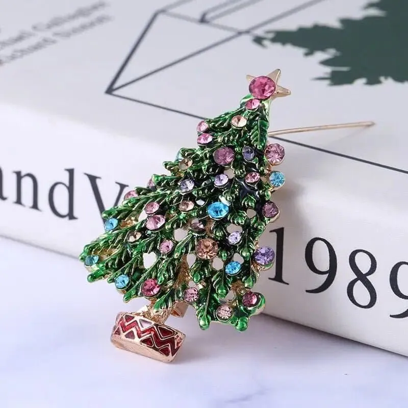 Christmas Tree Brooches - Festive Green Enamel Rhinestone Brooch for Men and Women