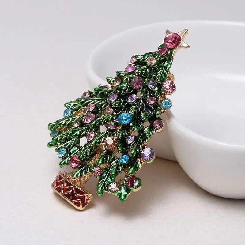 Christmas Tree Brooches - Festive Green Enamel Rhinestone Brooch for Men and Women