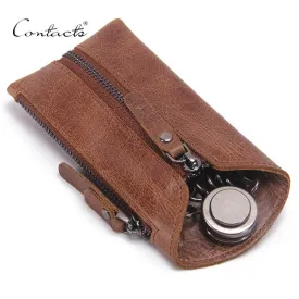 CONTACT'S Vintage Genuine Leather Key Wallet Women Keychain Covers Zipper Key Case Bag Men Key Holder Housekeeper Keys Organizer