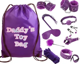 Daddy's Toy Bag Beginners Purple Bondage Kit Daddy Master DDLG BDSM CGLG Dominant Rope Cuffs Leash Whip Nipple Clamps