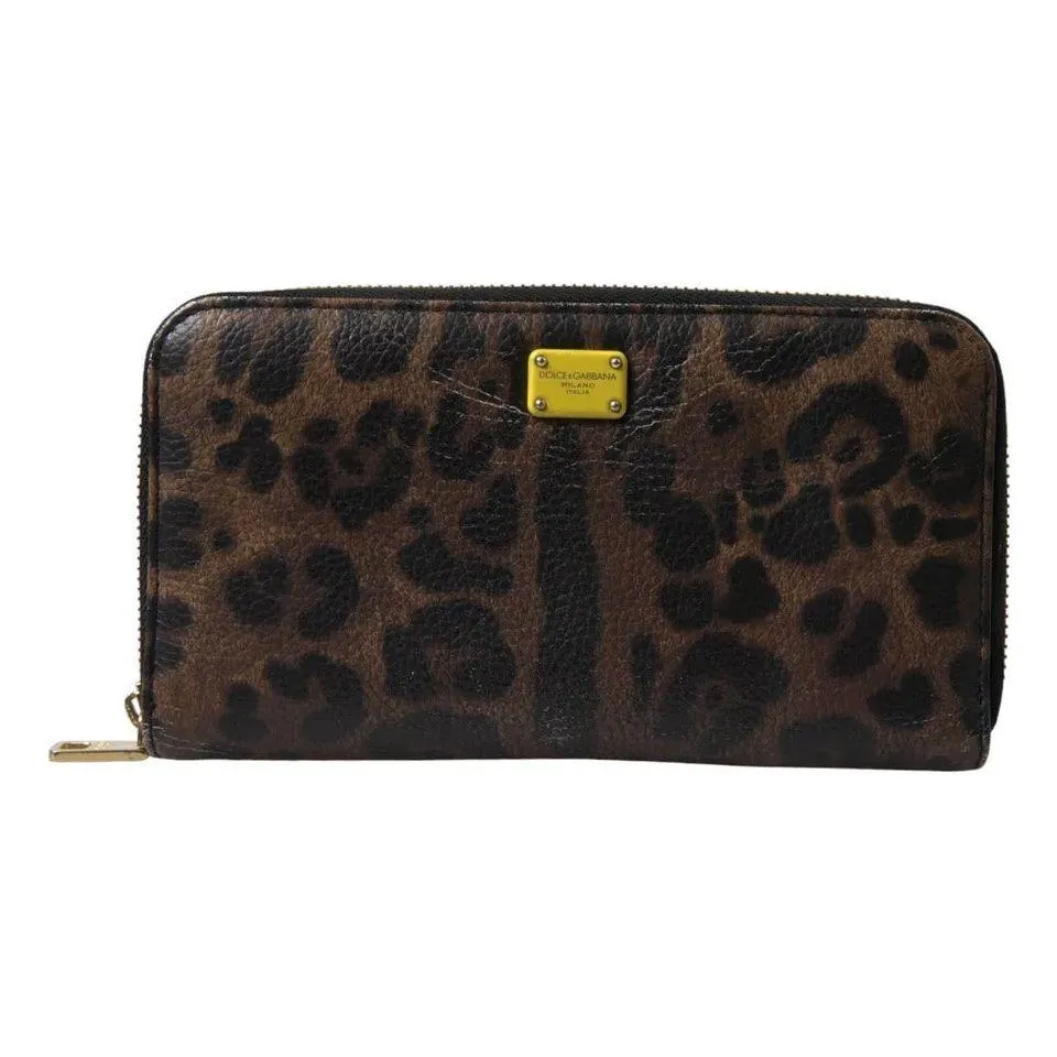 Dolce & Gabbana Brown Leopard Leather DG Zip Around Continental Wallet