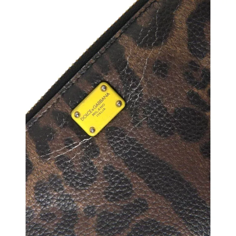 Dolce & Gabbana Brown Leopard Leather DG Zip Around Continental Wallet