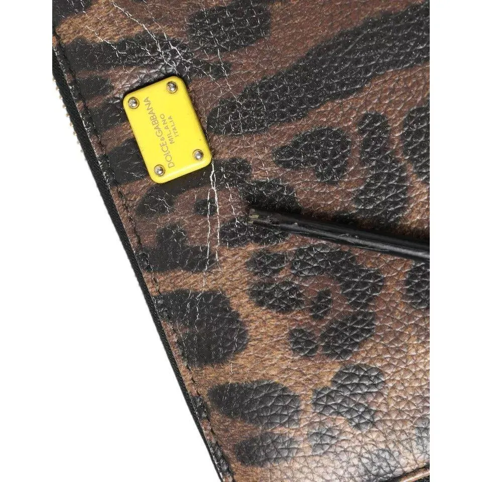 Dolce & Gabbana Brown Leopard Leather DG Zip Around Continental Wallet