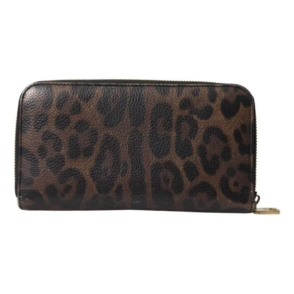 Dolce & Gabbana Brown Leopard Leather DG Zip Around Continental Wallet