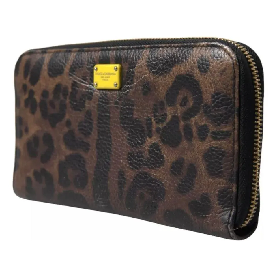 Dolce & Gabbana Brown Leopard Leather DG Zip Around Continental Wallet