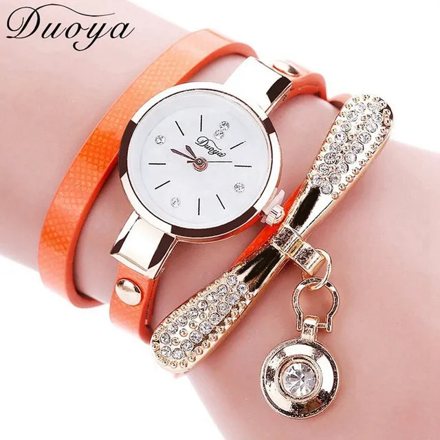 Duoya Women Bracelet Fashion Watch Gold Crystal Rhinestone Leather Dress Quartz Wristwatch Clock Ladies Vintage Luxury Watch