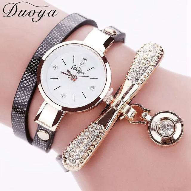 Duoya Women Bracelet Fashion Watch Gold Crystal Rhinestone Leather Dress Quartz Wristwatch Clock Ladies Vintage Luxury Watch