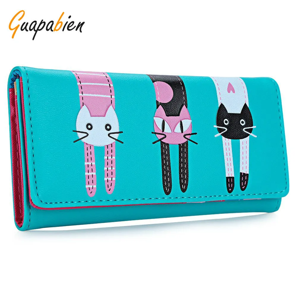 Guapabien New 2016 Women Cute Cat Cartoon Wallet Long Creative Card Holder Casual Ladies Clutch PU Leather Coin Purse