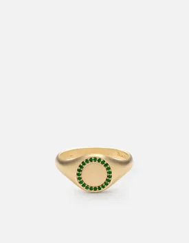 Halo Signet Ring, 14k Matte Gold/Emeralds