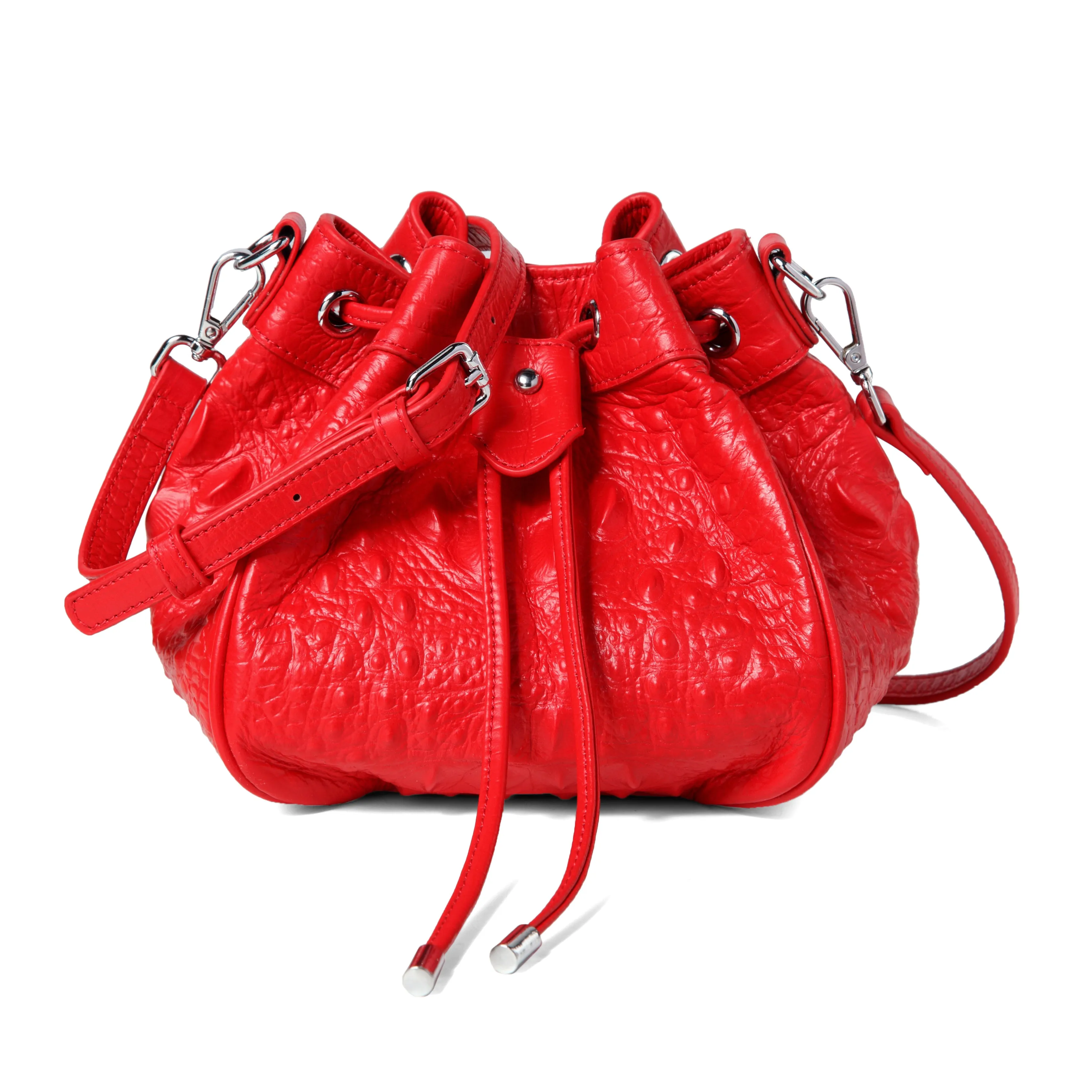 Jolyn Embossed Leather Bucket Crossbody- RED