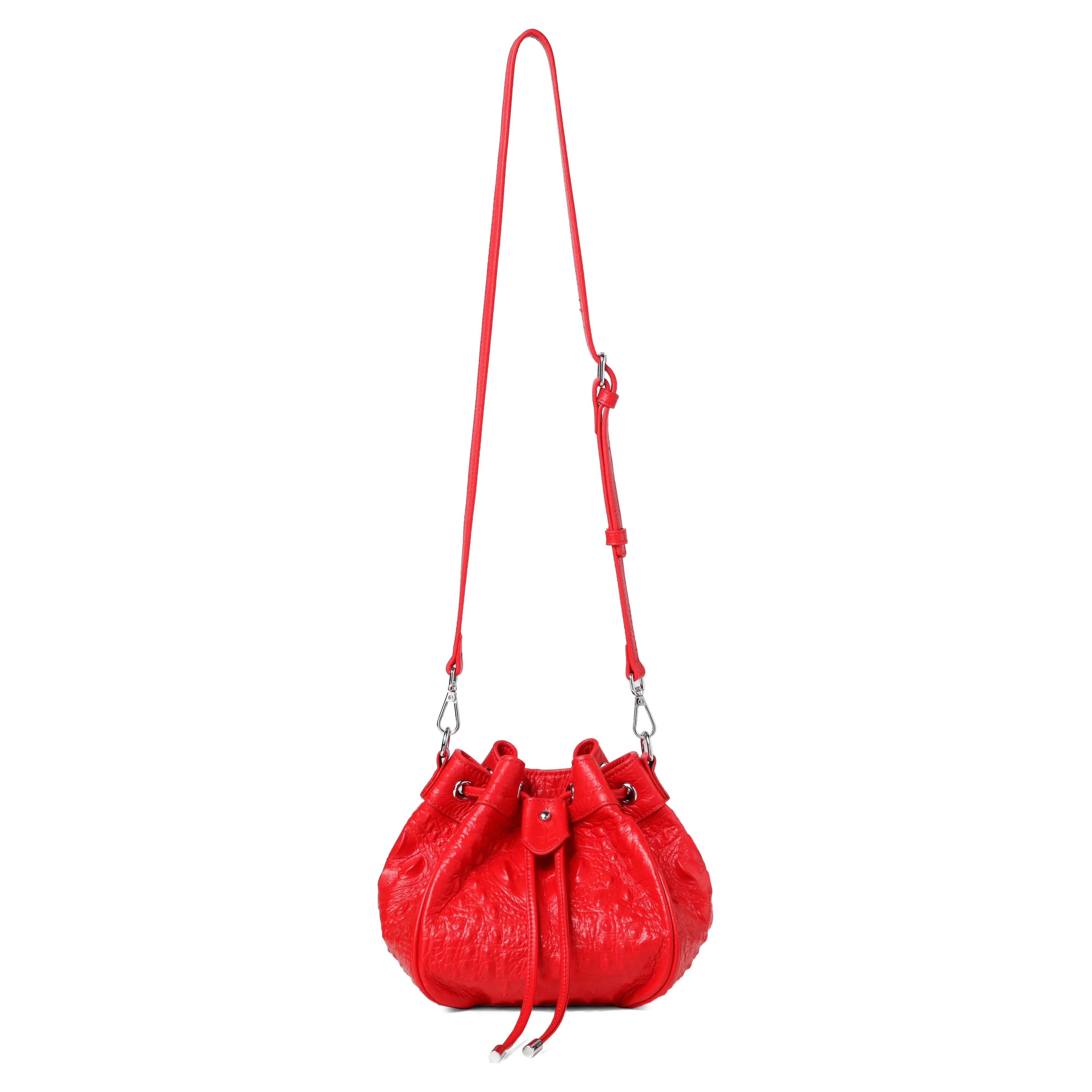 Jolyn Embossed Leather Bucket Crossbody- RED