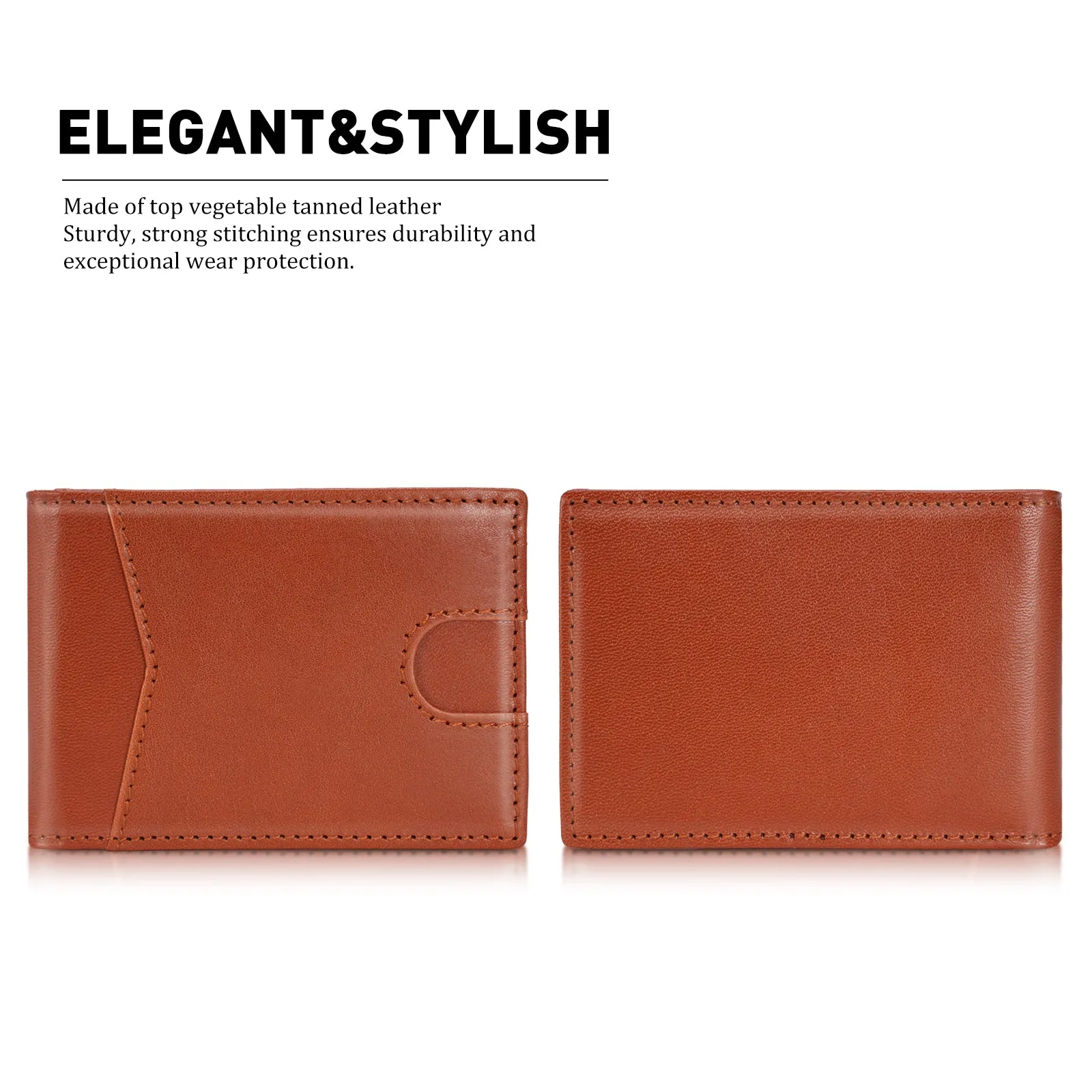 LVCRETIVS Slim Bifold Luxury Vegetable Tanned Leather Minimalist Front Pocket Wallets with Money Clip