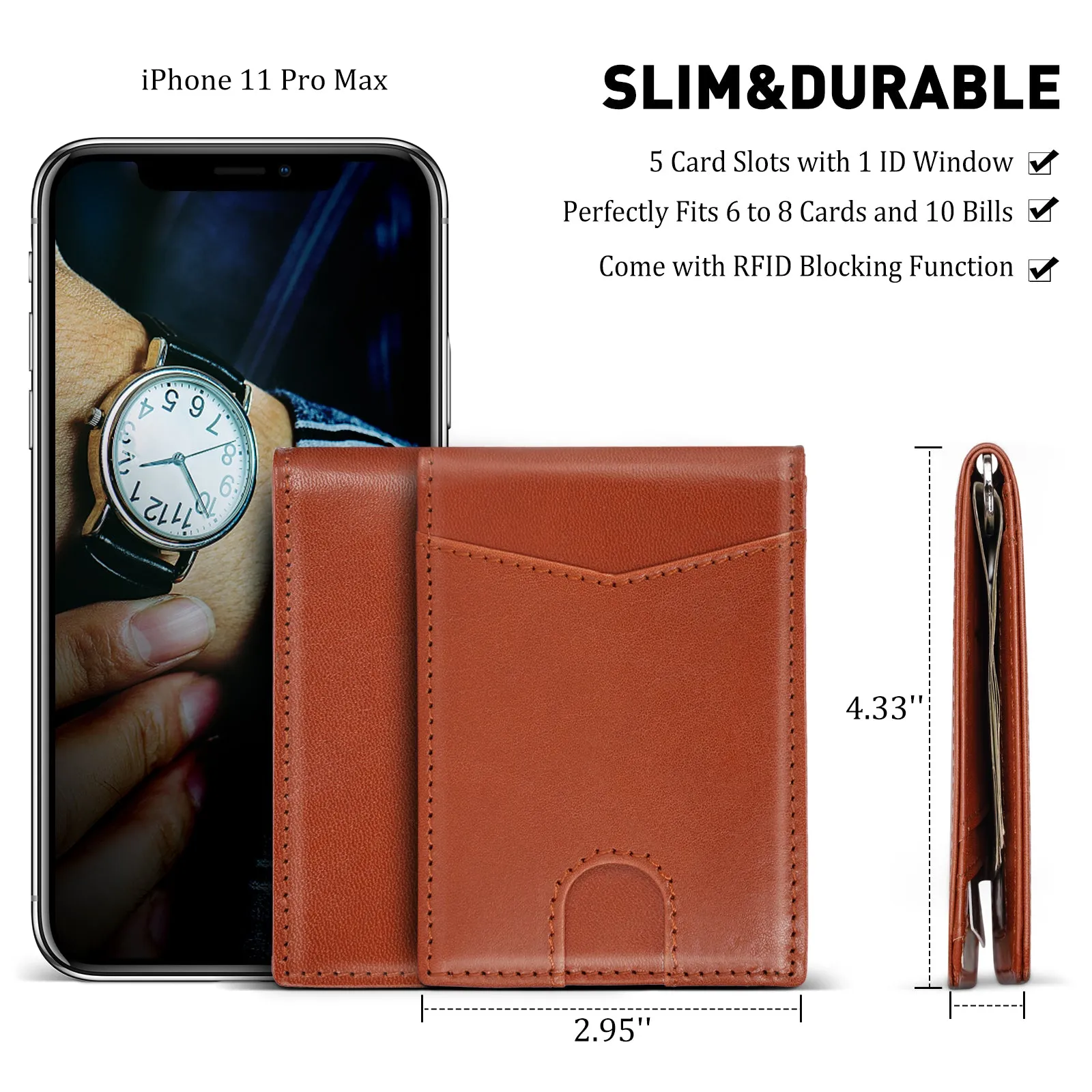 LVCRETIVS Slim Bifold Luxury Vegetable Tanned Leather Minimalist Front Pocket Wallets with Money Clip