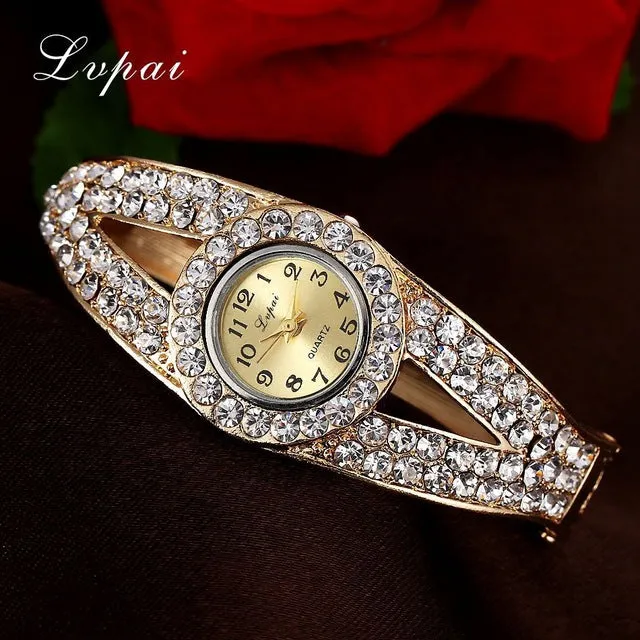 Lvpai Brand Gold White Fashion Bracelet Watch Women Multicolor Fashion Flower Quartz Wristwatch Rhinestone Casual Watches XR1960