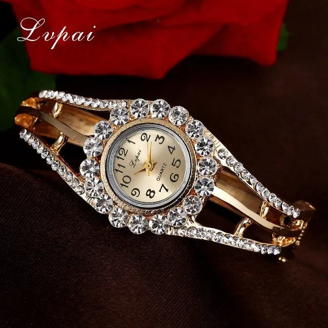 Lvpai Brand Gold White Fashion Bracelet Watch Women Multicolor Fashion Flower Quartz Wristwatch Rhinestone Casual Watches XR1960