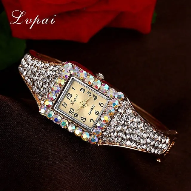 Lvpai Brand Gold White Fashion Bracelet Watch Women Multicolor Fashion Flower Quartz Wristwatch Rhinestone Casual Watches XR1960