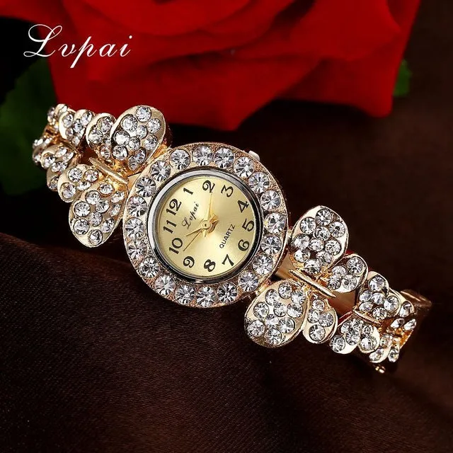 Lvpai Brand Gold White Fashion Bracelet Watch Women Multicolor Fashion Flower Quartz Wristwatch Rhinestone Casual Watches XR1960