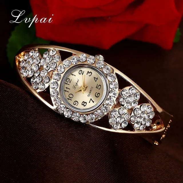 Lvpai Brand Gold White Fashion Bracelet Watch Women Multicolor Fashion Flower Quartz Wristwatch Rhinestone Casual Watches XR1960