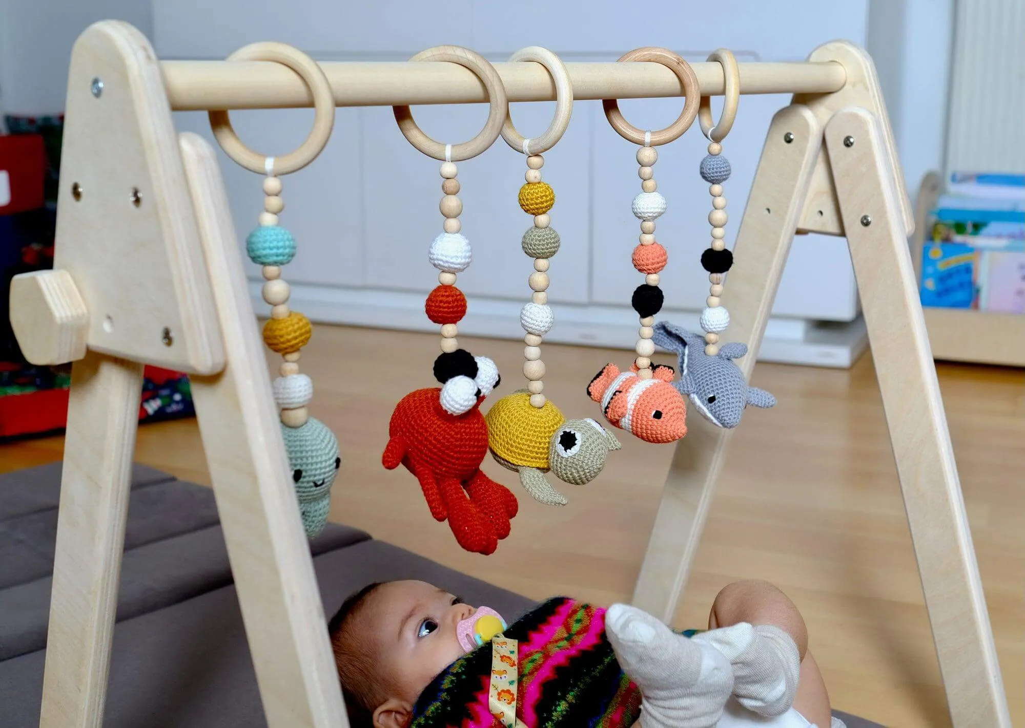 Montessori Baby Gym & Hanging Toys Set | Wooden Play Gym for Babies - Kidodido