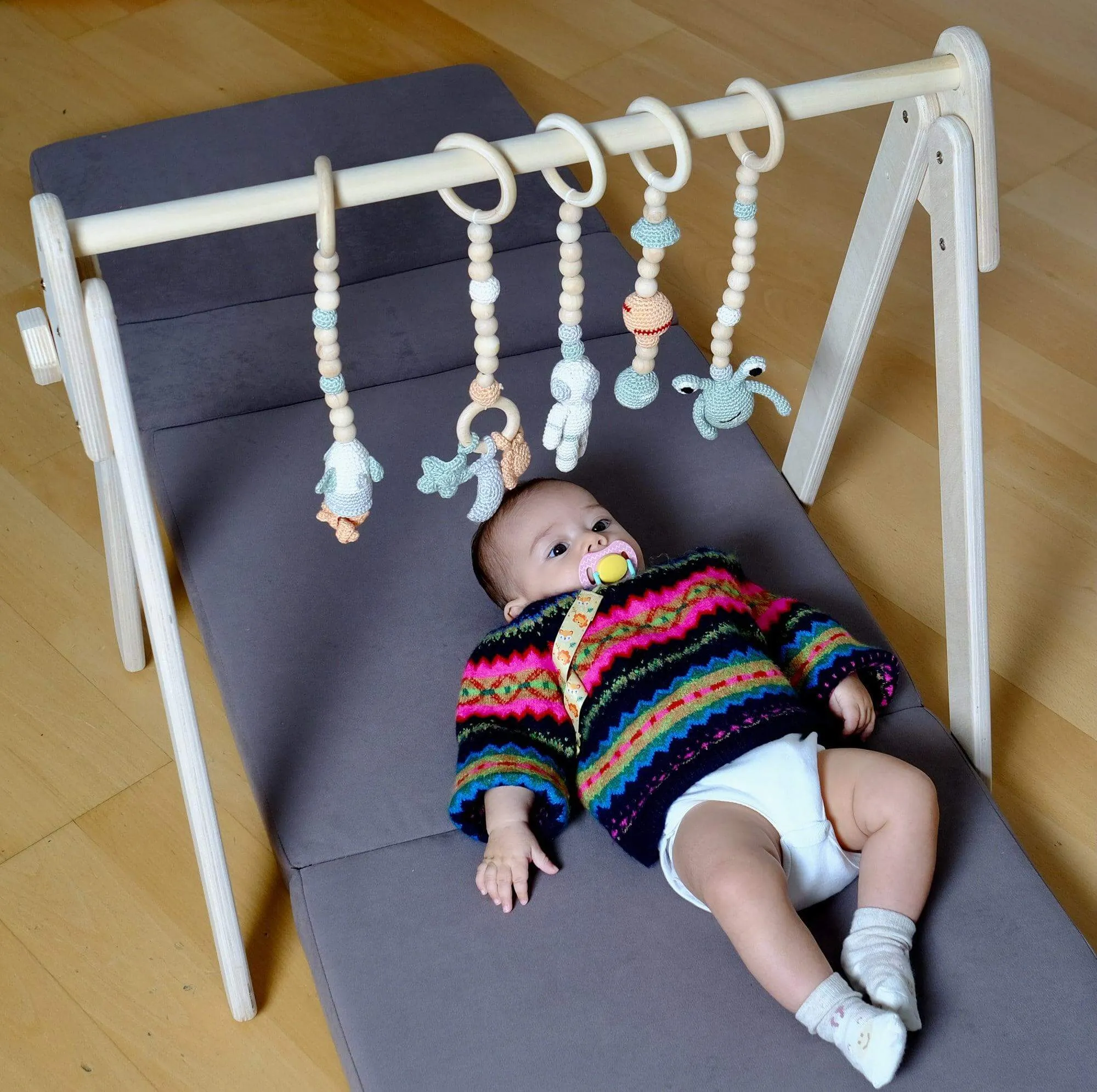 Montessori Baby Gym & Hanging Toys Set | Wooden Play Gym for Babies - Kidodido