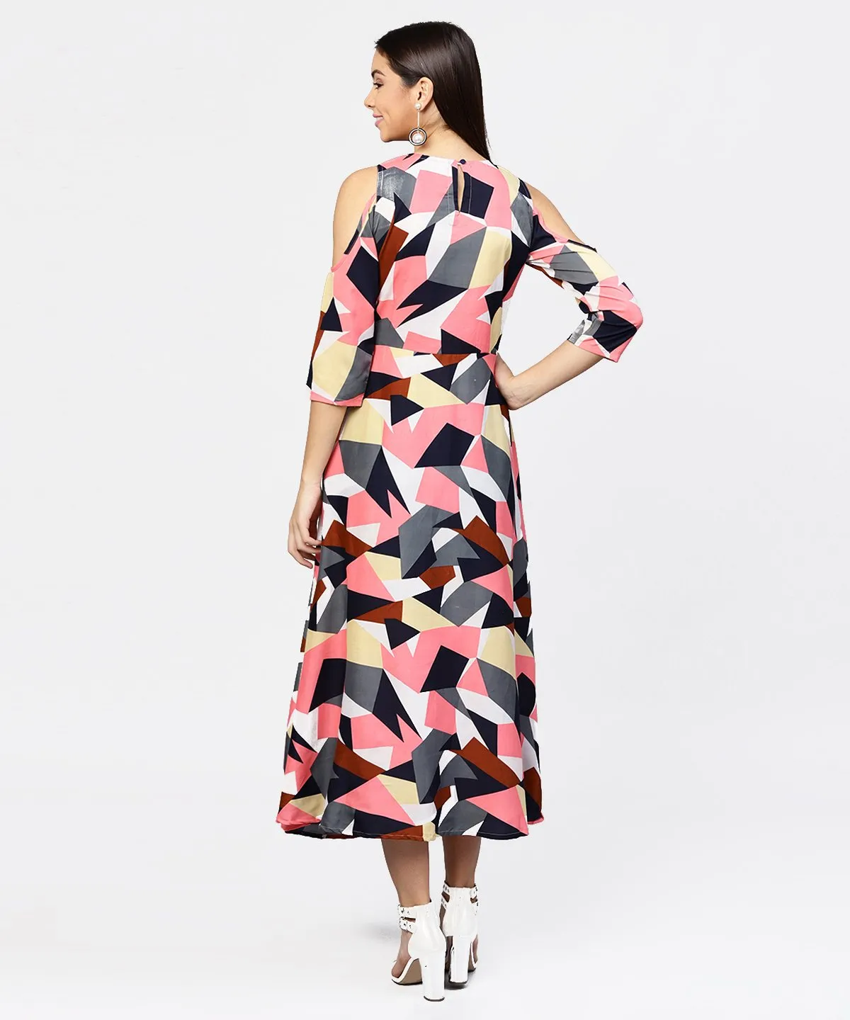 Multi Printed 3/4Th Cold Shoulder Sleeve A-Line Maxi Dress