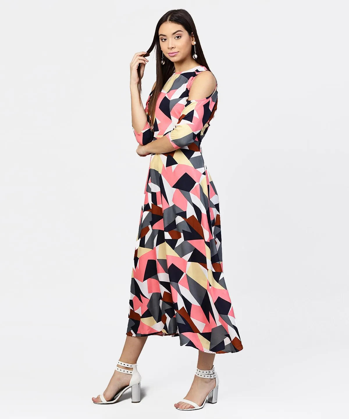 Multi Printed 3/4Th Cold Shoulder Sleeve A-Line Maxi Dress