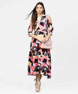 Multi Printed 3/4Th Cold Shoulder Sleeve A-Line Maxi Dress