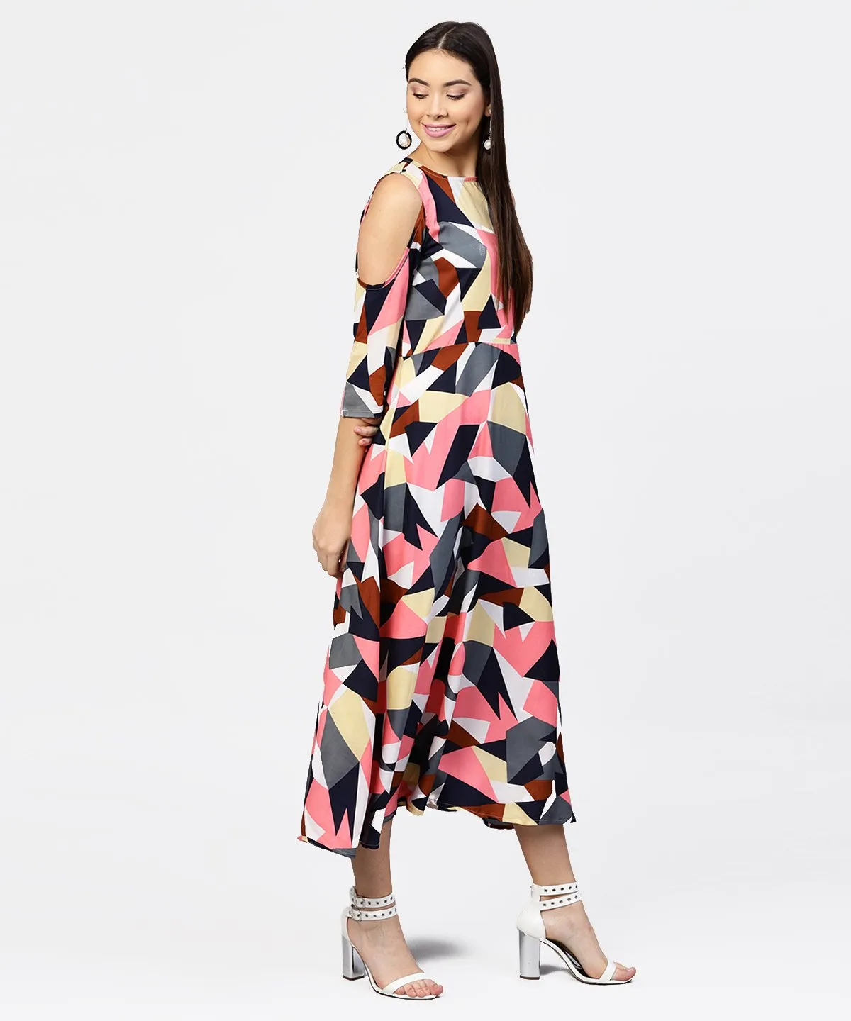 Multi Printed 3/4Th Cold Shoulder Sleeve A-Line Maxi Dress