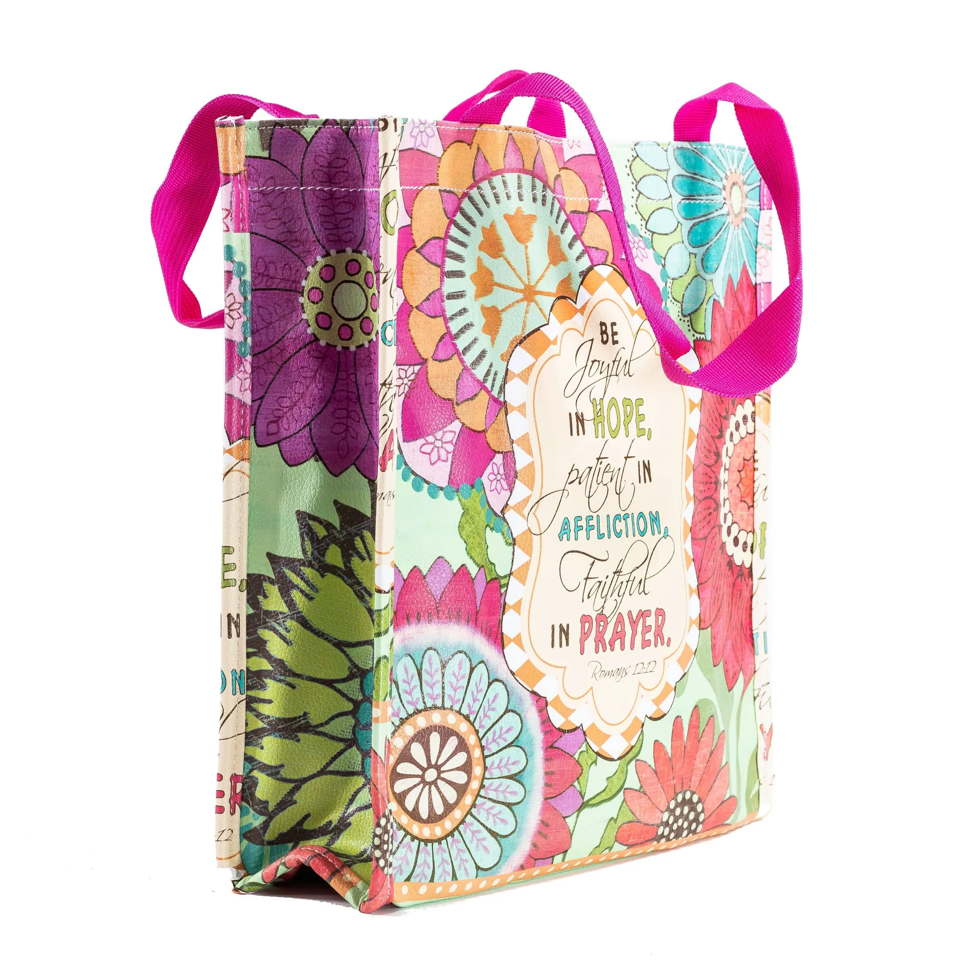 Pink Floral Print Bible Study Tote Bag - Romans 12:12 "Be Joyful In Hope"