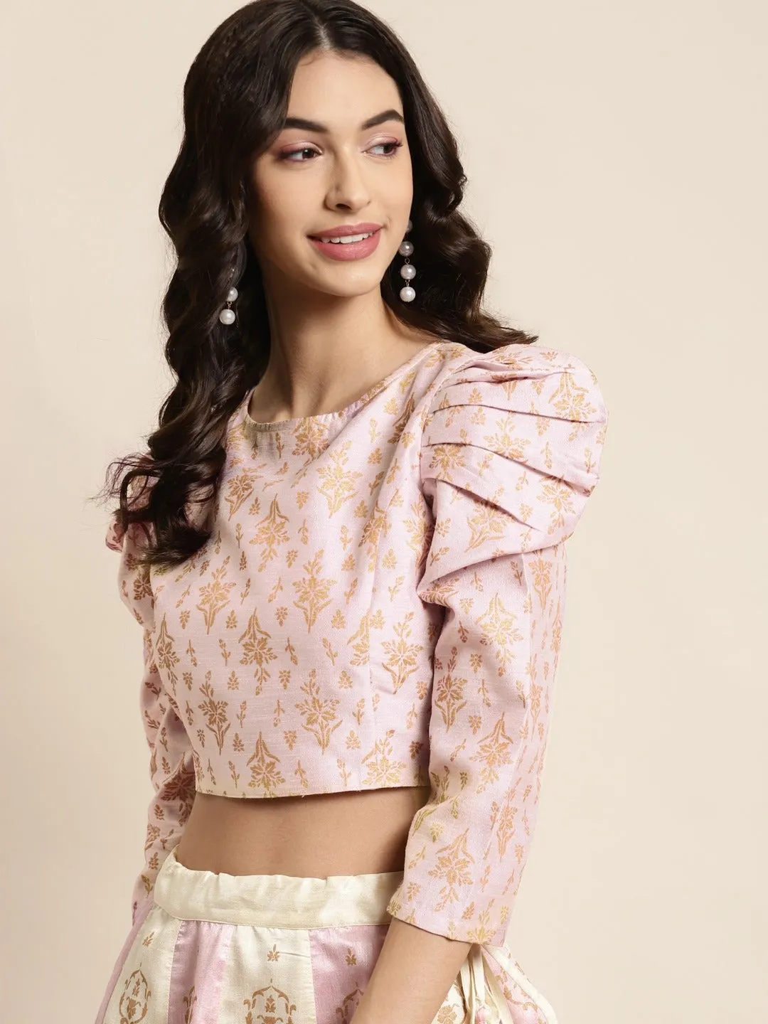 Pink Foil Floral Puff Shoulder Crop Top