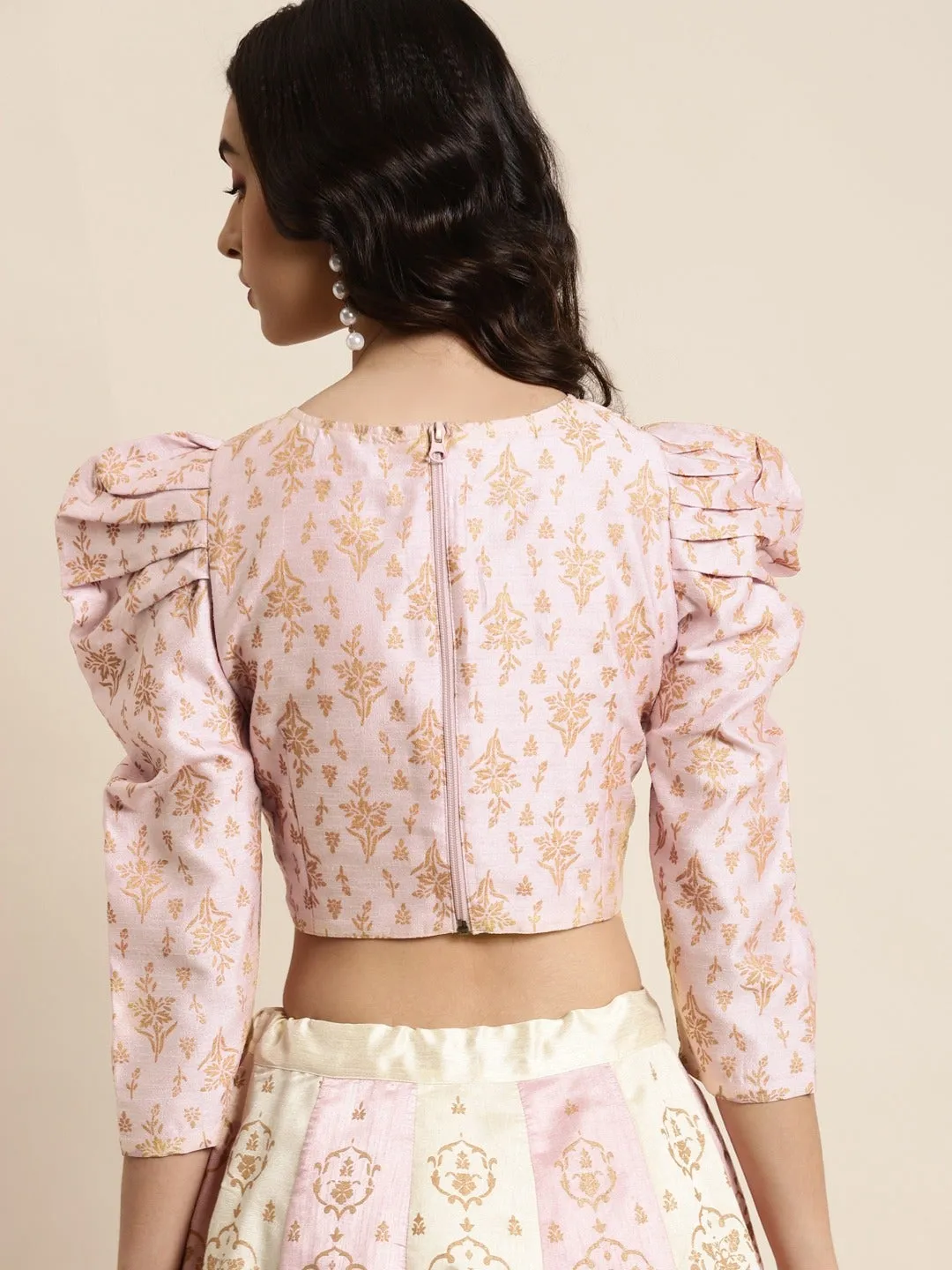 Pink Foil Floral Puff Shoulder Crop Top