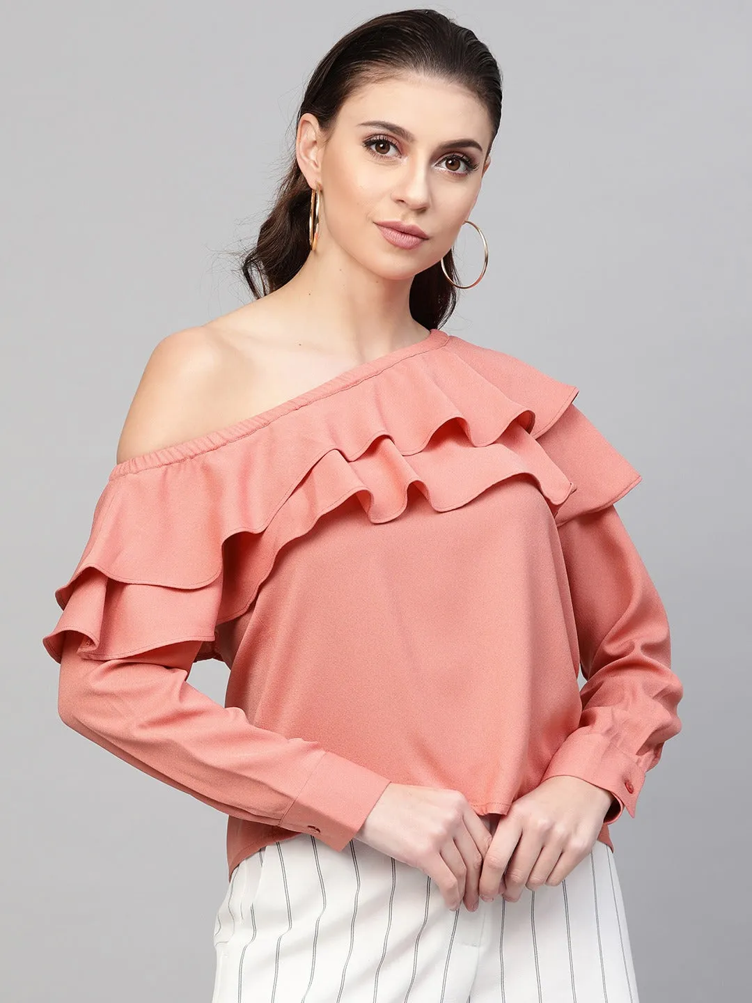 Pink One Shoulder Ruffle Top