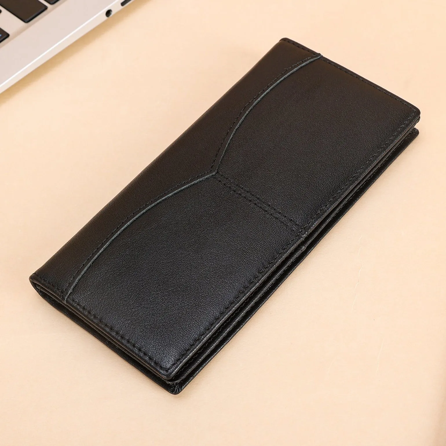 Polare Men's Natural Cowhide Leather Checkbook Holder Long Bifold Wallet